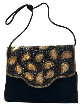 Partners Meryvns Black Velvet Beaded Paisley Evening Clutch Handbag